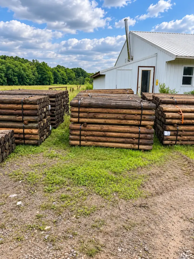 Stacks of peeled fence posts in a yard