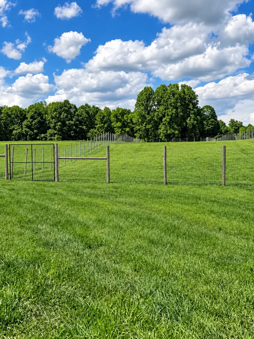Wire fence lines receding across a pasture