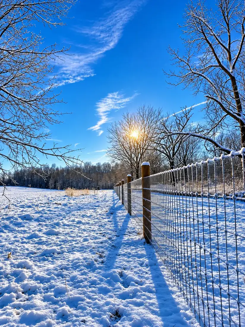 Wire fence line crossing a snowy field