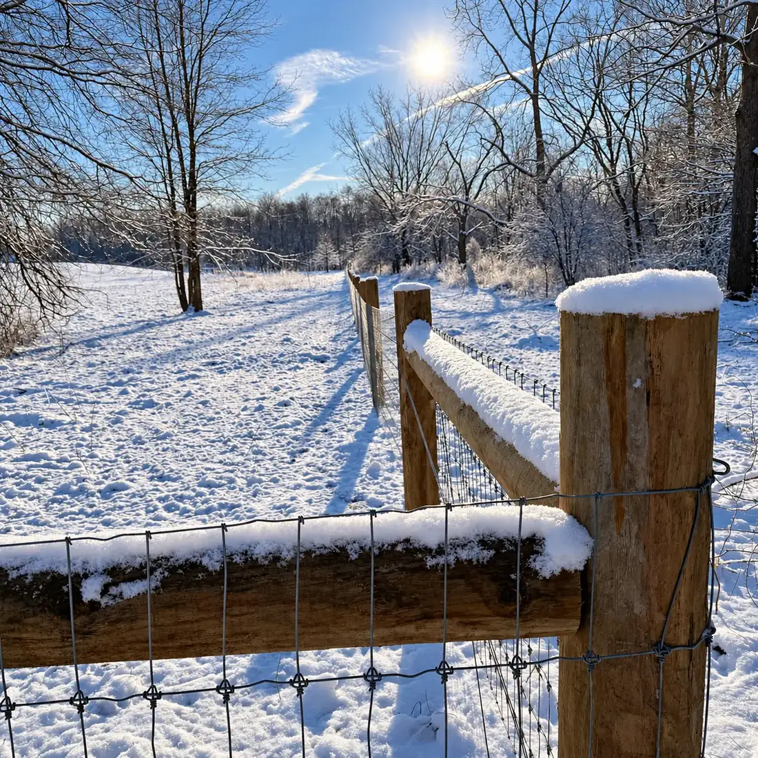 Woven wire and rail on a heavy post in fresh snow